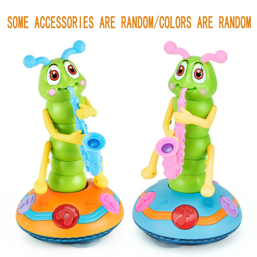 Electric caterpillar saxophone toy in green plastic with yellow limbs holding saxophones on colorful bases for children