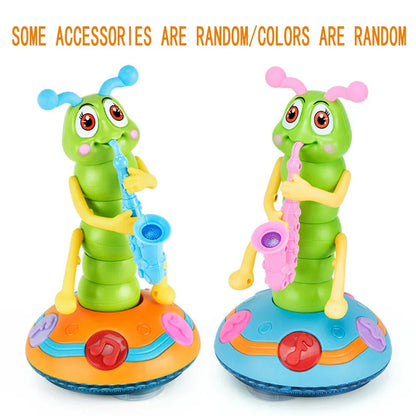Electric caterpillar saxophone toy in green plastic with yellow limbs holding saxophones on colorful bases for children