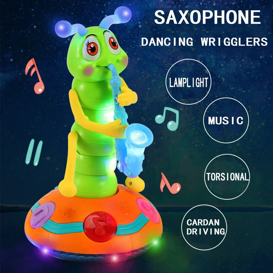 Green and yellow electric caterpillar saxophone toy with glowing blue led lights on orange base for children’s play