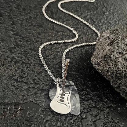 Silver guitar-shaped pendant necklace with clear guitar pick pendent jewelry on stainless steel unisex collier accessories
