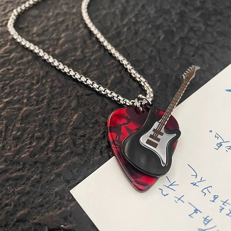 Red and black stainless steel guitar pick pendent necklace with silver chain unisex collier accessories for men and women