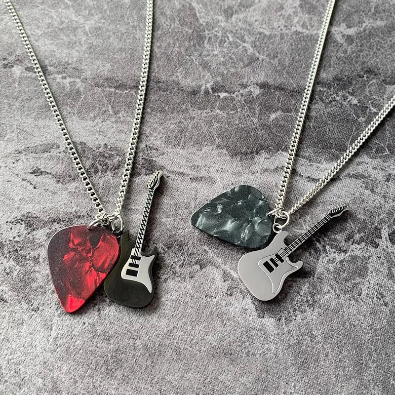 Red and black stainless steel guitar pick pendent necklaces with silver electric guitar charms unisex collier accessories