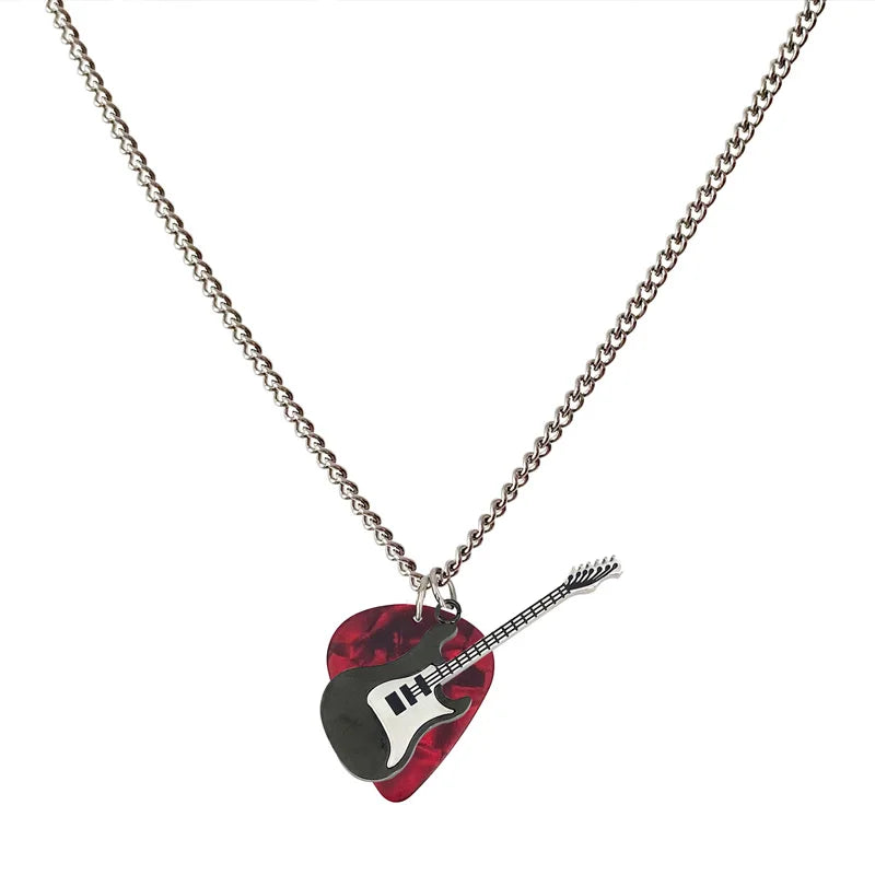 A red and black guitar pick pendent necklace with a stainless steel silver chain unisex collier accessories