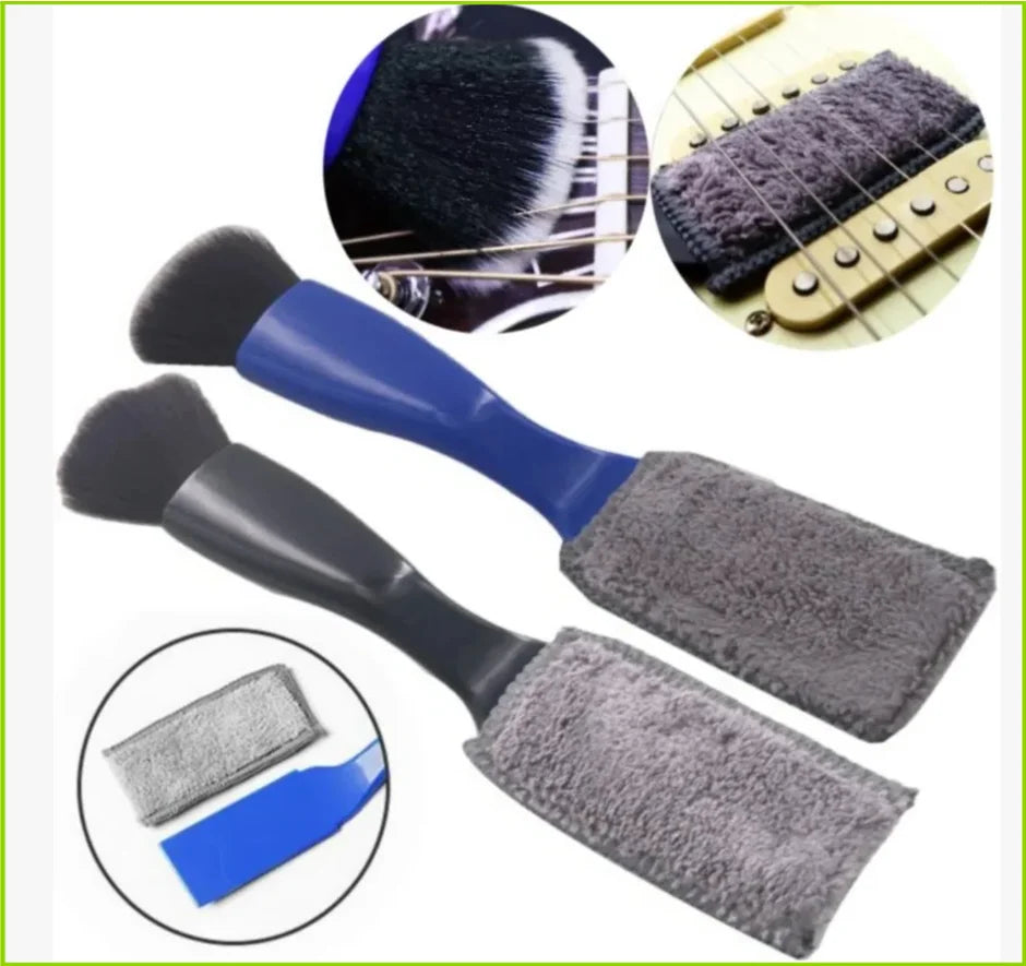 Blue and black double-headed guitar cleaning brush with soft gray microfiber heads for fretboard musical instrument care tool
