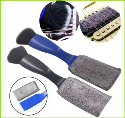 Blue and black double-headed guitar cleaning brush with soft gray microfiber heads for fretboard musical instrument care tool