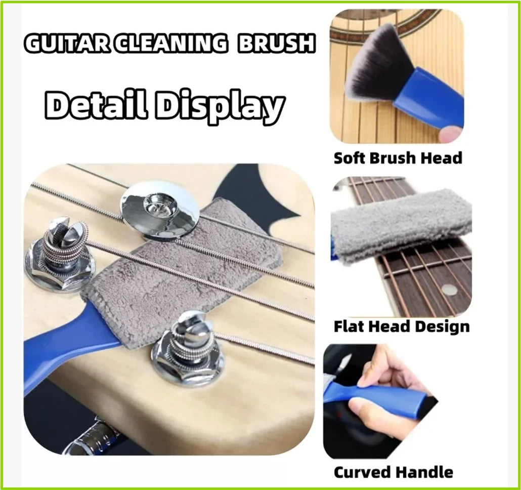 Blue double-headed guitar cleaning brush with soft bristle head and curved handle for fretboard musical instrument care tool