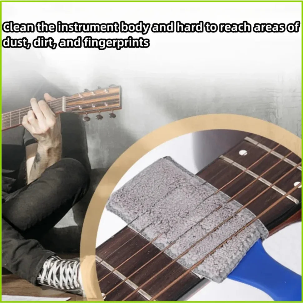 Gray textured guitar cleaning brush with blue handle double-headed instrument care tool for fretboard musical instrument cleaning