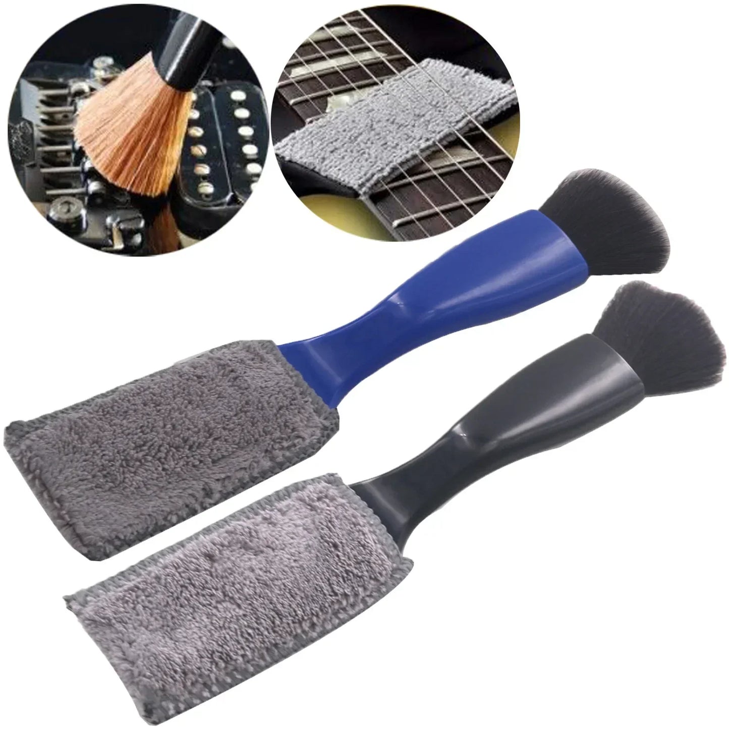 Blue and black guitar care brush with soft gray microfiber heads for string fingerboard cleaning and dust removal brush