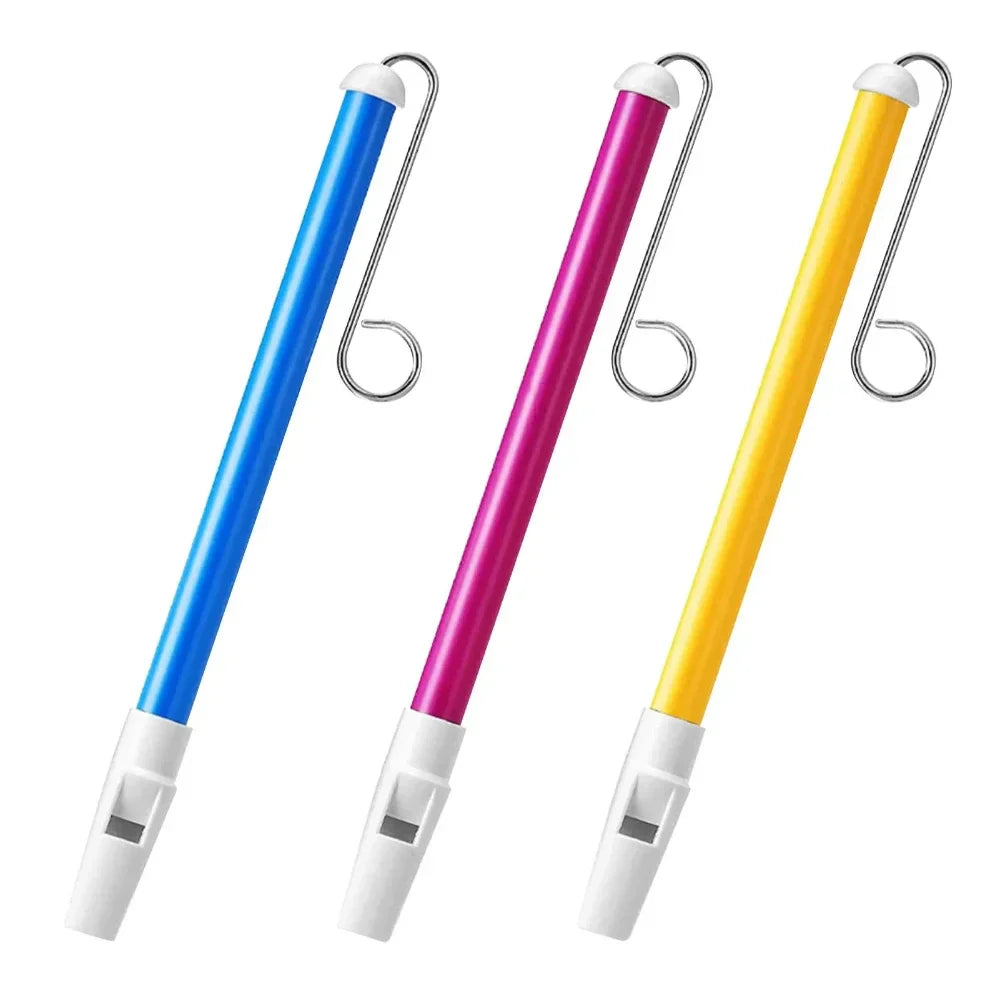 Three colorful sliding whistle toys in blue pink and yellow with white caps and metal hooks for classic music fun gifts piccolo