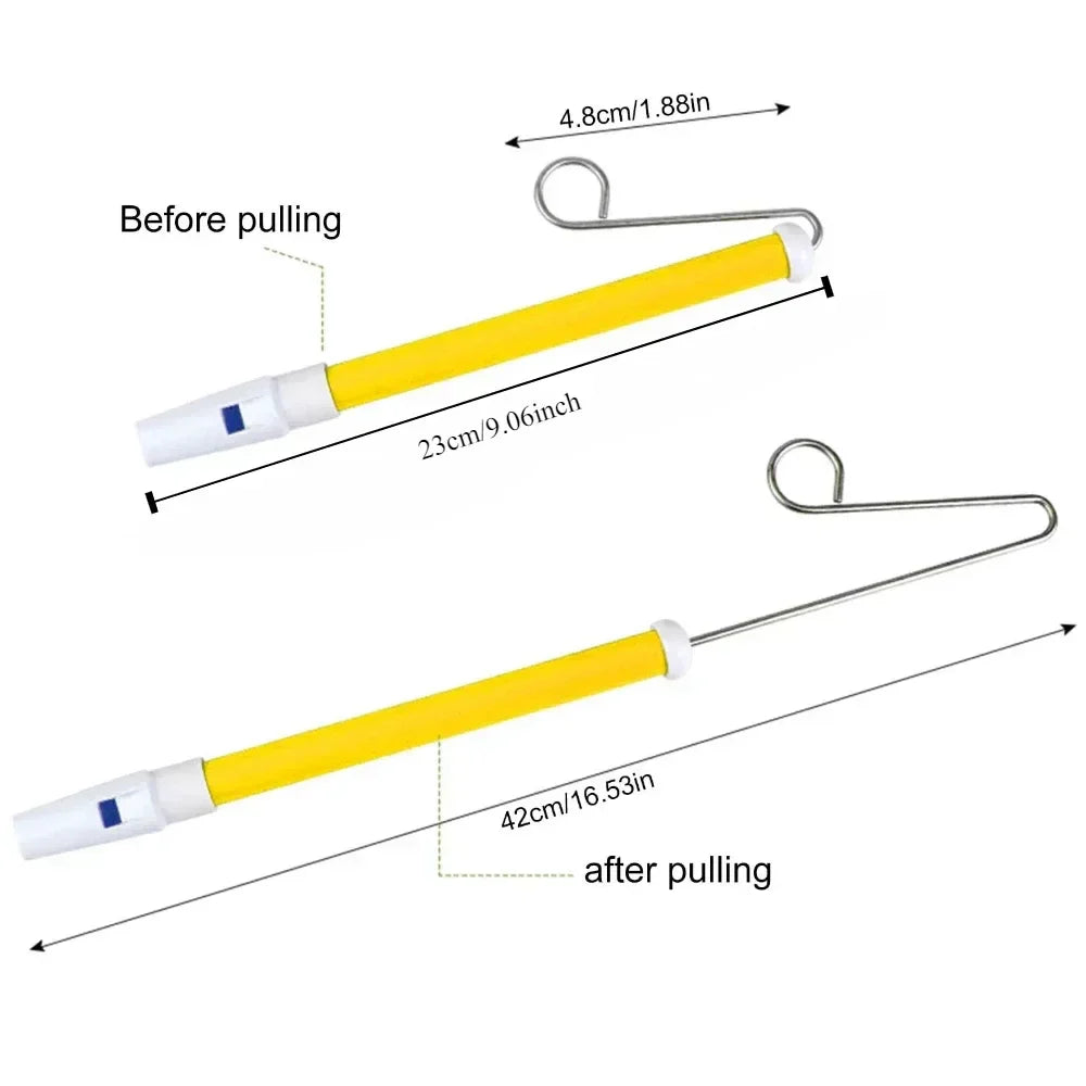 Yellow plastic handle with white cap and metal hook for sliding whistle toy and fun gifts piccolo in classic music fun
