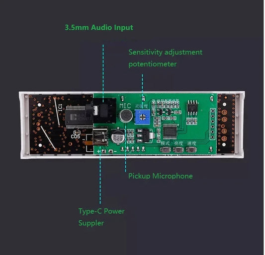 Green circuit board with white plastic casing featuring 3.5mm input and type-c power in rhythm light module display