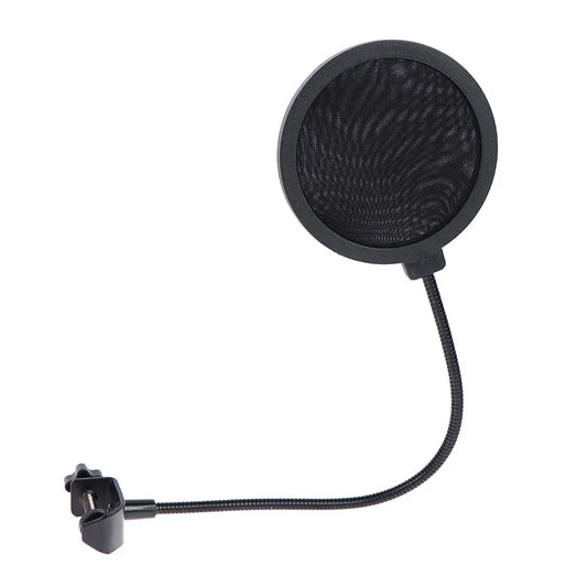 Black circular microphone pop filte with double layer mesh and flexible gooseneck clamp for studio recording use