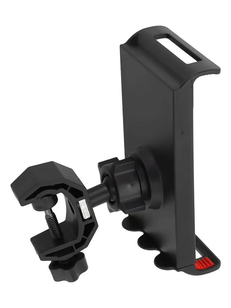 Black plastic stand mount adjustable tablet clip phone holder with red accent base for rotation musical instrument use