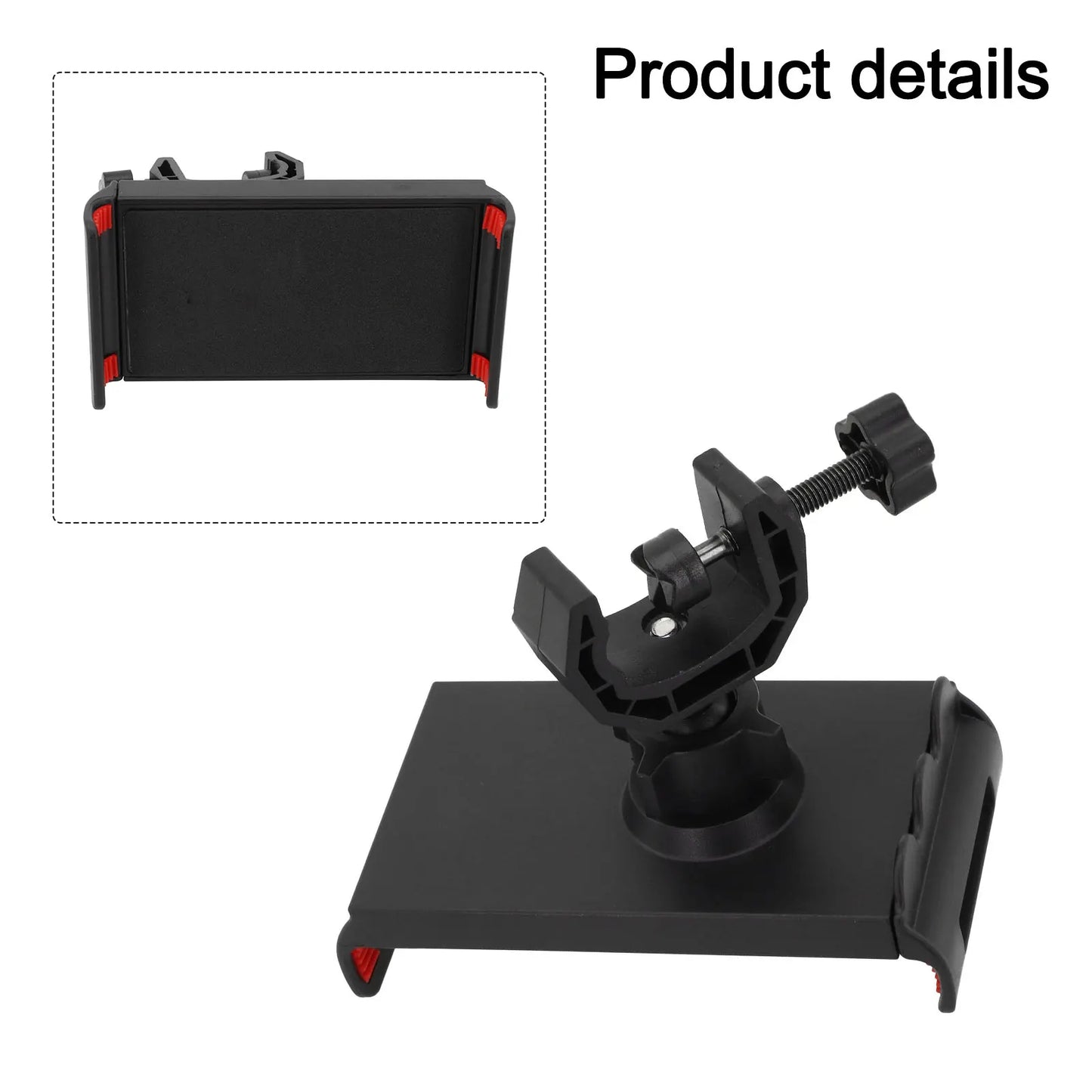 Black plastic stand mount adjustable phone bracket with red accents and clamp for tablet clip phone and rotation musical instrument use