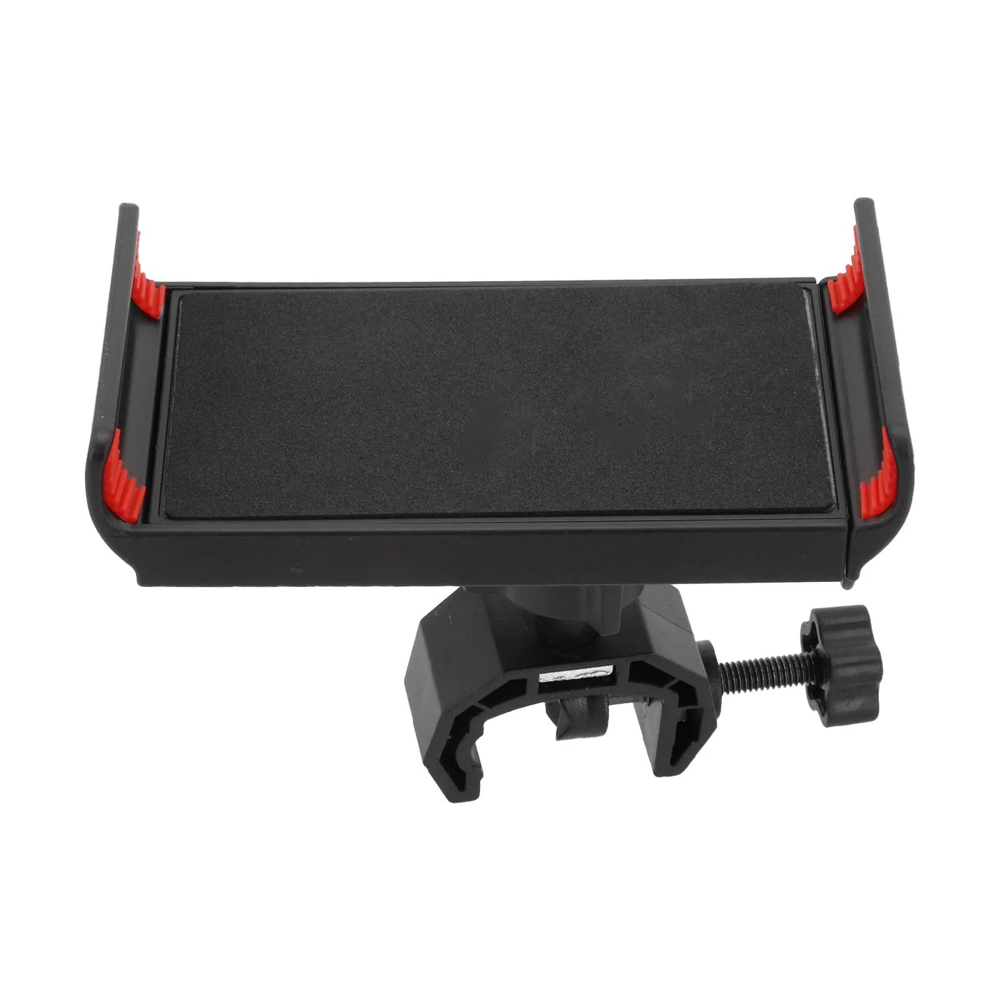Black and red stand mount adjustable phone bracket with tablet clip for bike handlebars featuring 360° rotation musical instrument use