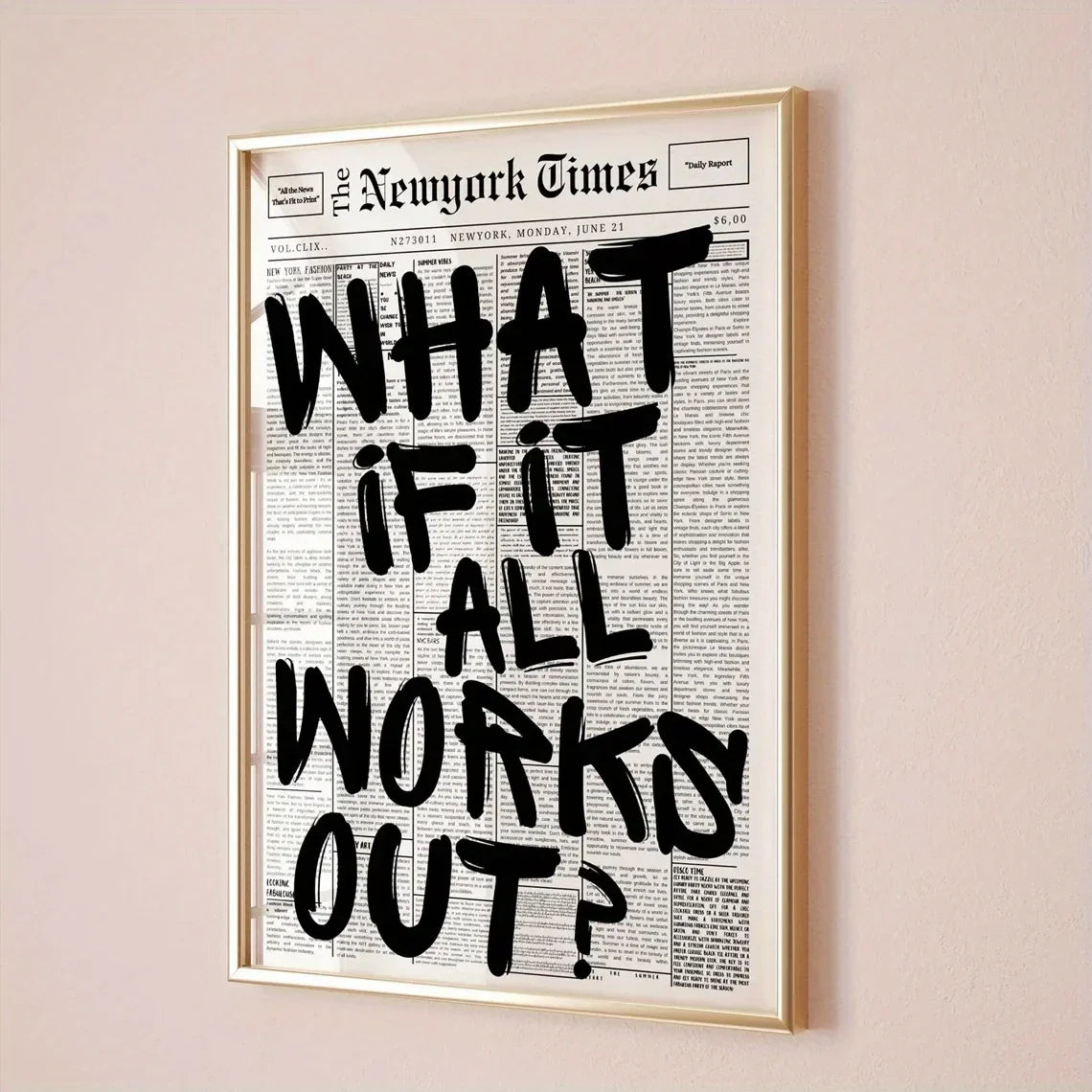 A framed 1PCS modern poster with black graffiti lettering on vintage newspaper background and white edge detailing