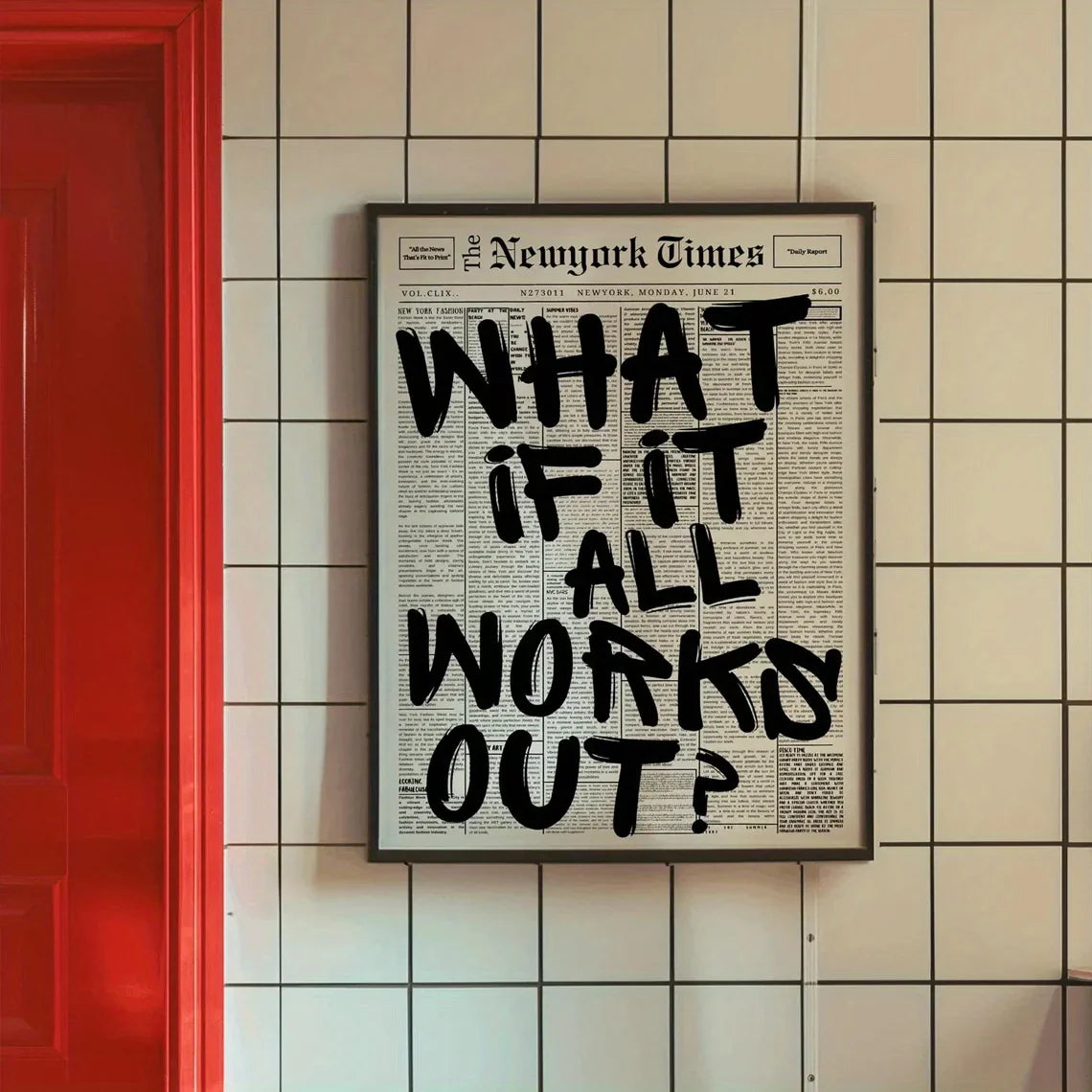 Modern poster featuring black positive quote on vintage new york times newspaper background with white edge