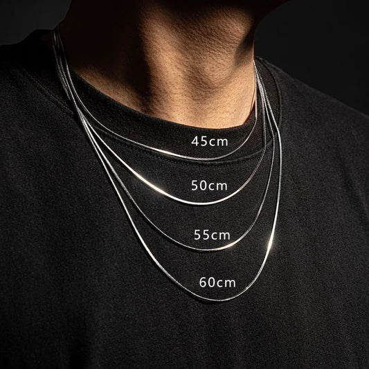 Silver-toned snake link chain stainless steel necklace in four lengths ideal for male jewelry gifts and daily wear