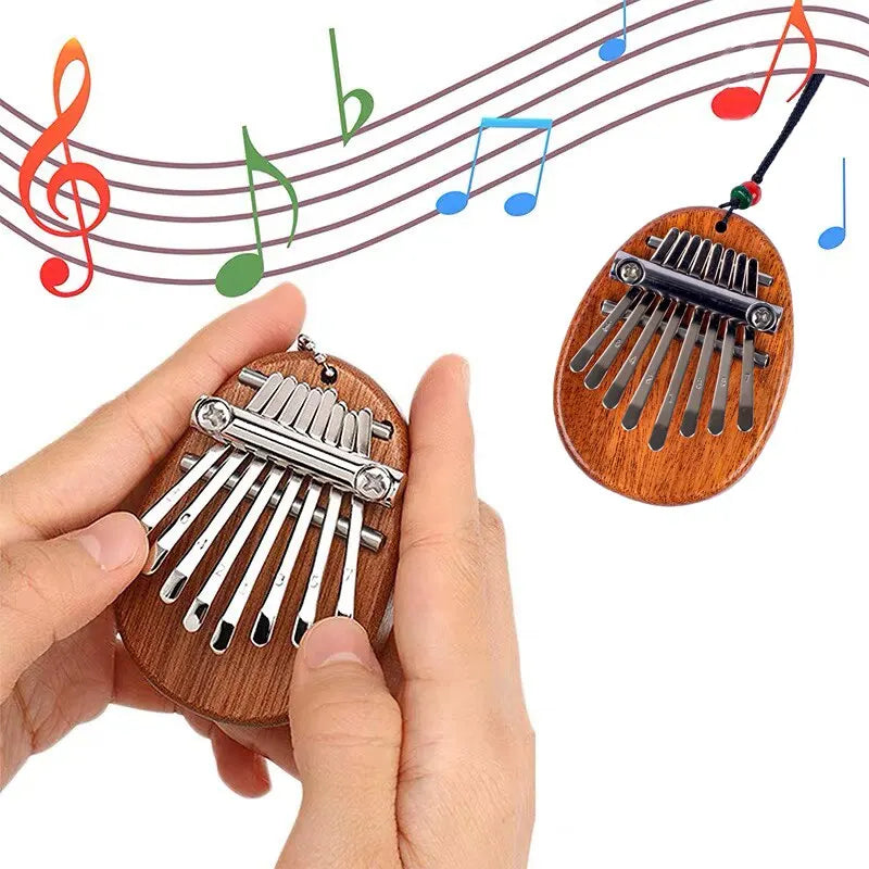 Wooden oval-shaped thumb piano musical toy with silver metal keys and black string 8 tones portable beginner finger piano