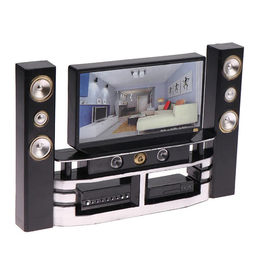 Black and silver mini tv audio ornament dollhouse with two tall speakers and integrated furniture decoration living room set