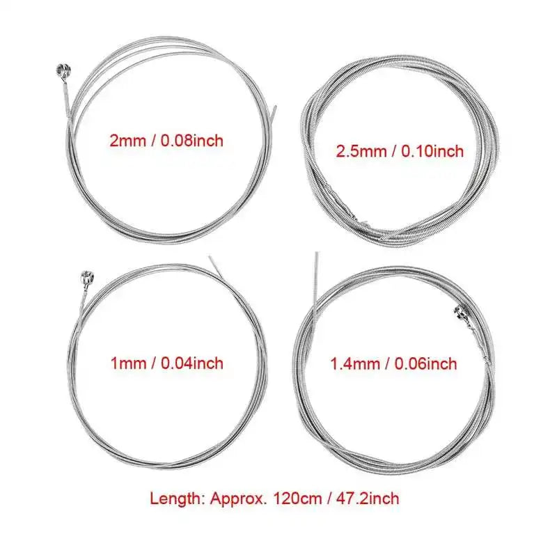 Set of four silver stainless steel electric bass cables in varying diameters for 4-string electric bass smooth anti-rust