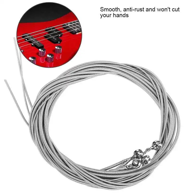 Silver-coated steel 4-string electric bass strings with smooth anti-rust finish and rounded edges for safe handling