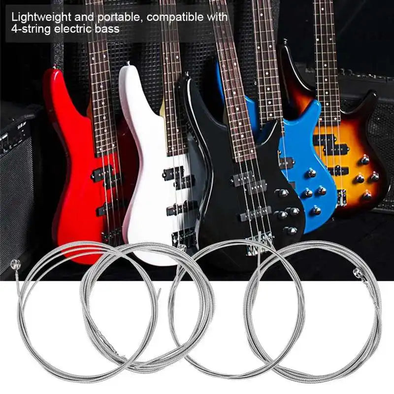 Silver-colored metallic 5mm smooth anti-rust electric bass strings designed for 4-string electric bass instruments