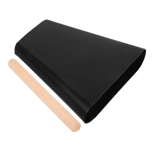 Black triangular steel tongue drum with wooden mallet stick compact shown alongside metal cowbell compact portable percussion instrument