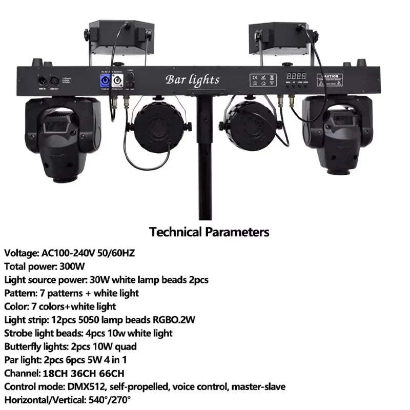 Black bar light fixture with four rotating spotlights and central control panel featuring mobile bracket remote for live dj light