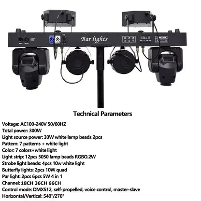 Black bar light fixture with four rotating spotlights and central control panel featuring mobile bracket remote for live dj light