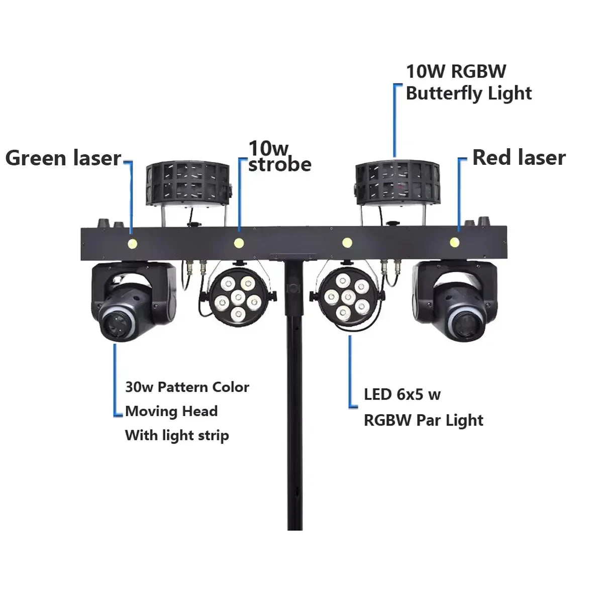 Black metal lighting rig with mobile bracket remote featuring strobe integrated light for live dj light performances