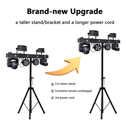 Black metal stage lighting rig with four adjustable spotlights on a 2.5m stand and 3m power cord for live dj light with mobile bracket remote and strobe integrated light