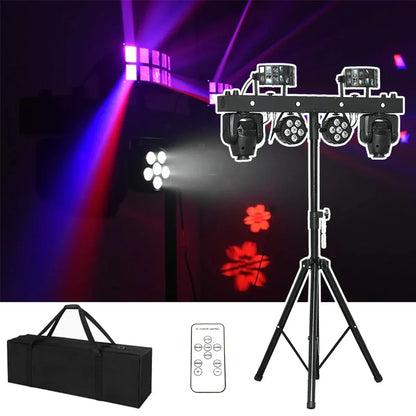 Black metal tripod stand holding four black led stage lights with strobe integrated light and mobile bracket remote for live dj light