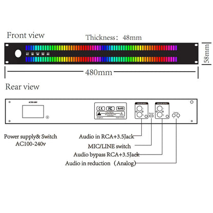 Black 480mm rgb audio mixer with color led music spectrum digital display atmosphere light audio signal jacks