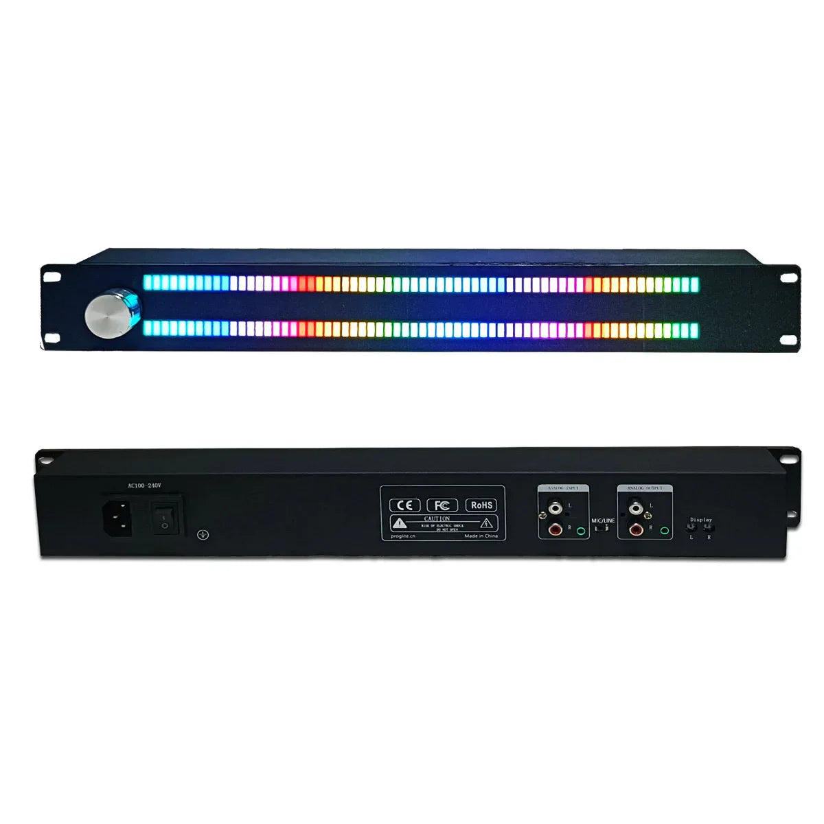 Black rack-mountable 1u music level indicator with colorful full color led music spectrum digital display and multiple ports