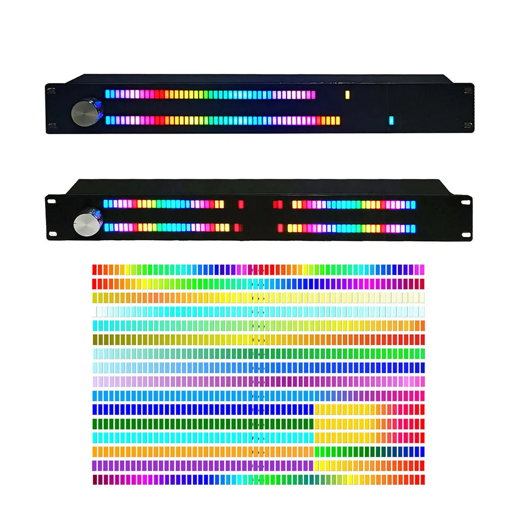 Black rack-mountable music level indicator with colorful segmented full color led music spectrum digital display and silver knob
