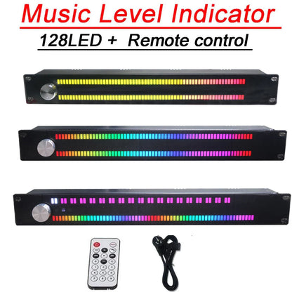 Black rectangular 1U music level indicator with 128 full color led music spectrum digital bars and silver rotary knob