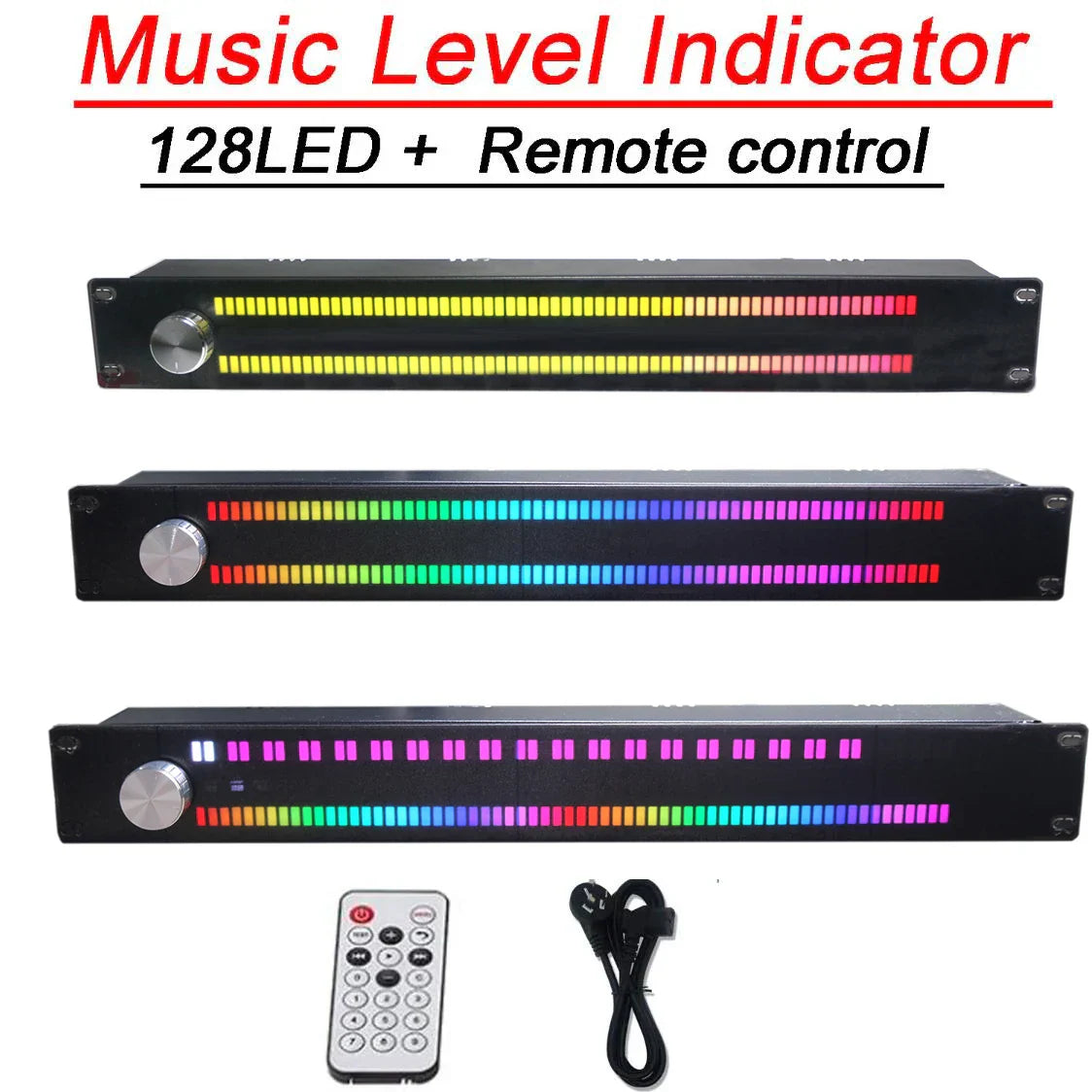 Black rectangular 1u music level indicator featuring 128 vibrant rainbow led bars and silver rotary knob for color led music spectrum digital atmosphere light audio