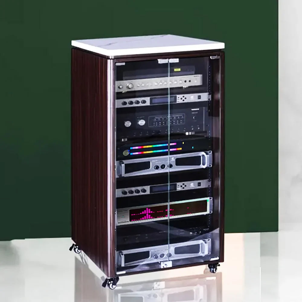 Dark wood finish server rack with glass doors and white top housing 1u 1.5u color led music spectrum digital display atmosphere light audio units