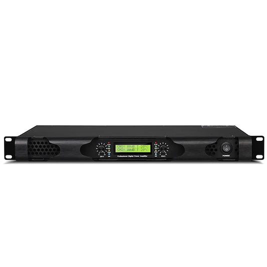 Black professional 2x600w power amplifier with green lcd and dual rotary knobs for lightweight amplifier digital stage performance
