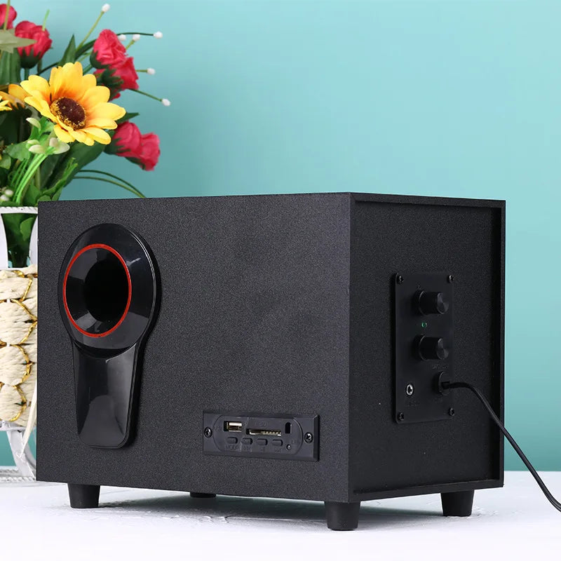 Black rectangular wooden subwoofer with glossy black circular speaker grille and red trim for home theater surround and speaker aux usb use