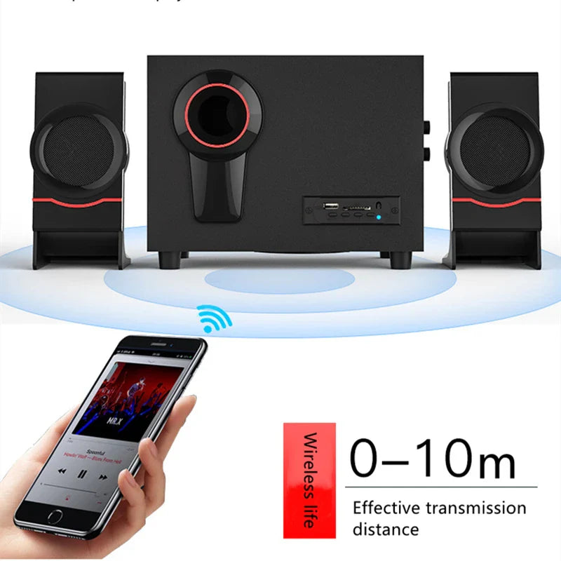Black wooden 2.1 multimedia bluetooth audio system with red accent rings and subwoofer for home theater surround use