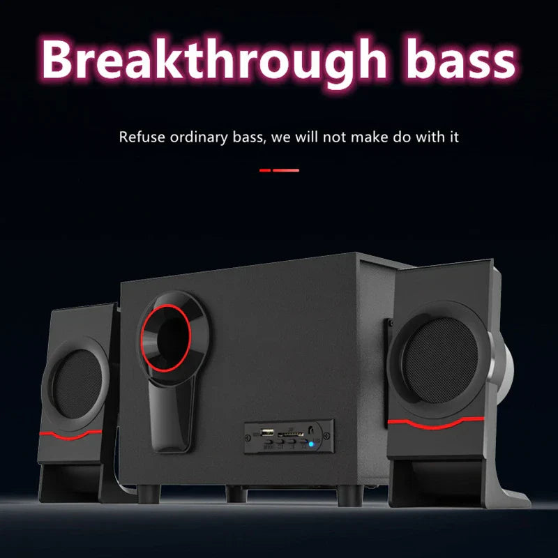 Black 2.1 multimedia wooden home theater surround speaker system with red accents usb ports and speaker aux usb connectivity