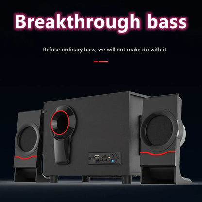 Black 2.1 multimedia bluetooth audio system with wooden subwoofer usb ports and red accent rings for home theater surround and speaker aux usb use