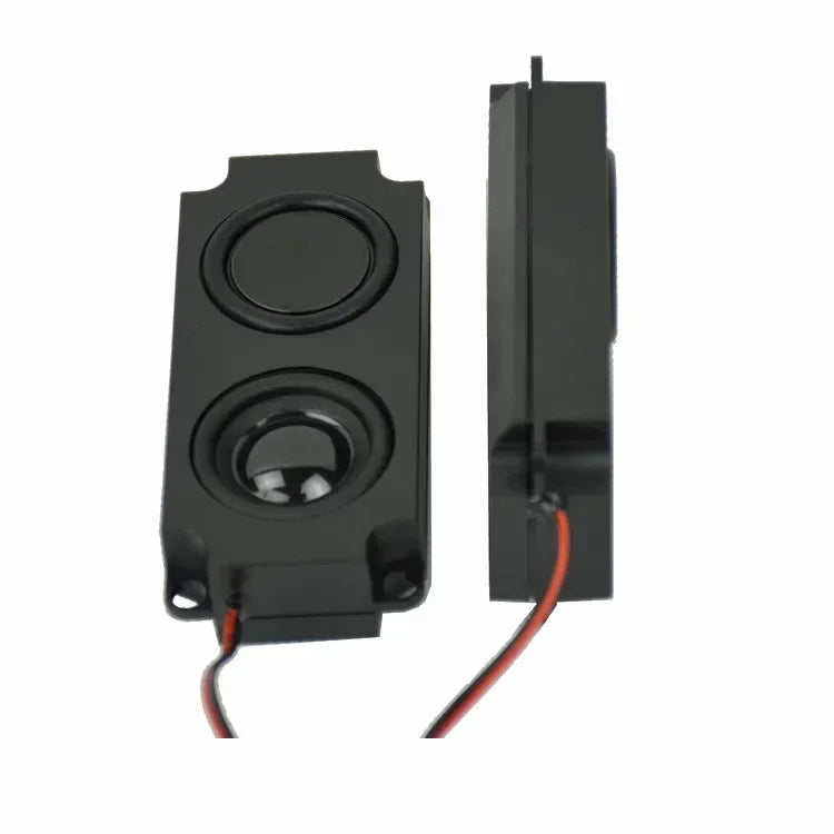 Black rectangular 2x10w full range portable loudspeaker subwoofer with two circular drivers and attached red black wires