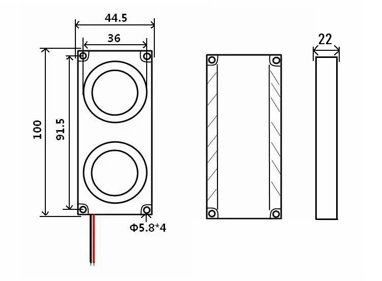 Technical schematic of black rectangular traffic light housing with mounting holes and cable for theater portable loudspeaker connection