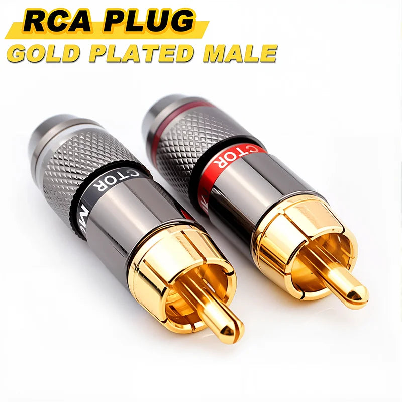 Gold-plated male rca connector plug hifi 24k with textured silver body and red ring for 8pcs musical sound use