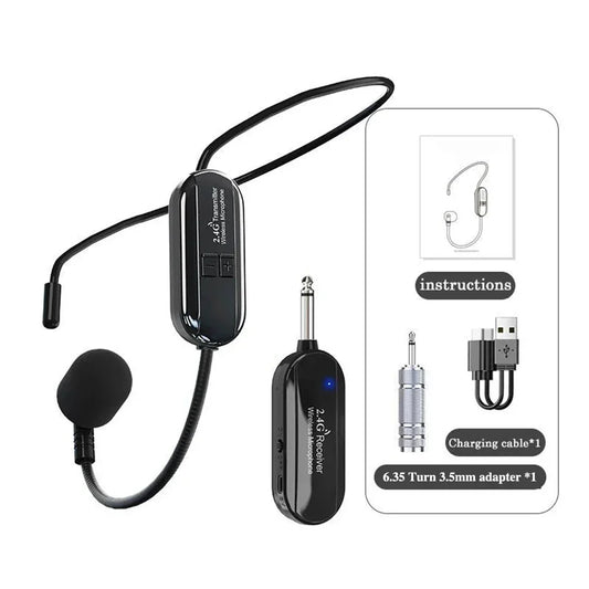 Black 2.4g wireless lavalier microphone with compact transmitter and headset mic for podcast recording studio streaming laptop use