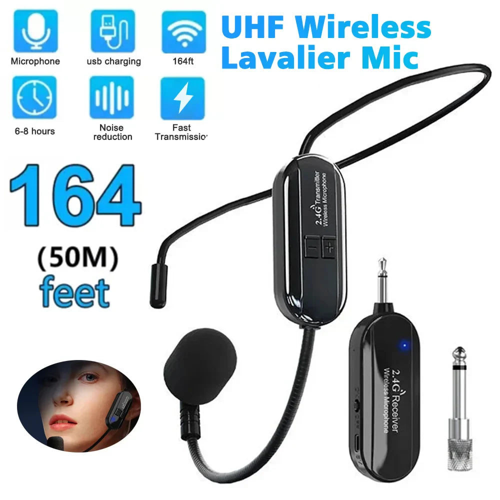 Black 2.4g uhf wireless lavalier microphone system with headset mic for podcast recording studio and studio streaming laptop use