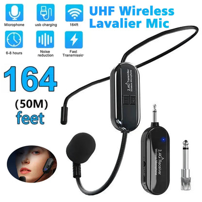 Black 2.4g uhf wireless lavalier microphone system with headset mic for podcast recording studio and studio streaming laptop use